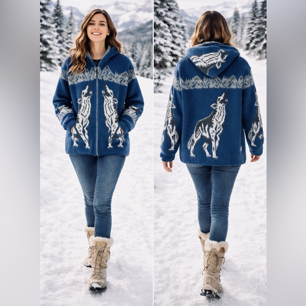 Yarina Hooded Sweater Cardigan Alpaca & Cotton Blend Wolf Pattern Blue Size S